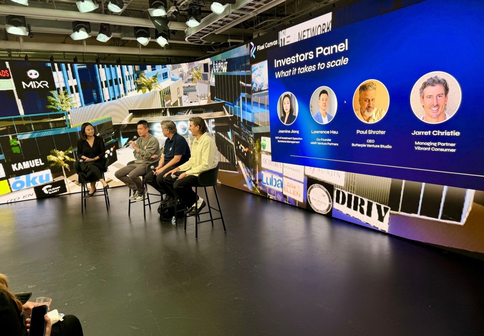 Paul Shrater speaking on the Investors Panel at L.A. Tech Week, with Jasmine Jiang, Lawrence Hsu and Jarret Christie
